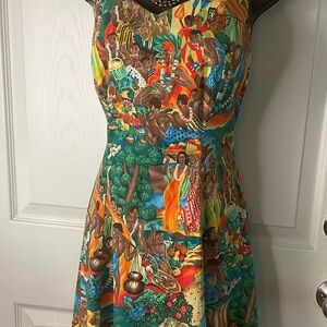 Vintage Hilo Hattie Orange Green Fit and Flare Midi SUN Dress M